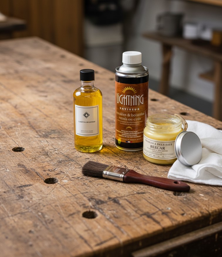 Nature morte de produits pour restaurer un meuble en bois : huile de lin, cire d'abeille et raviveur, disposés sur un établi.