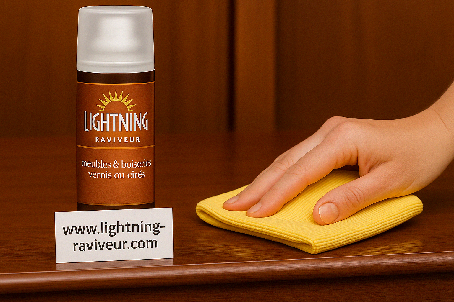 Flacon Lightning Raviveur pour meubles en bois ciré posé sur une table vernie
