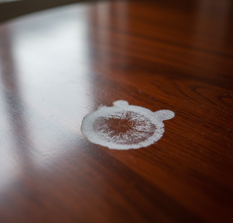 Tache d'eau blanche sur une table en bois avant traitement